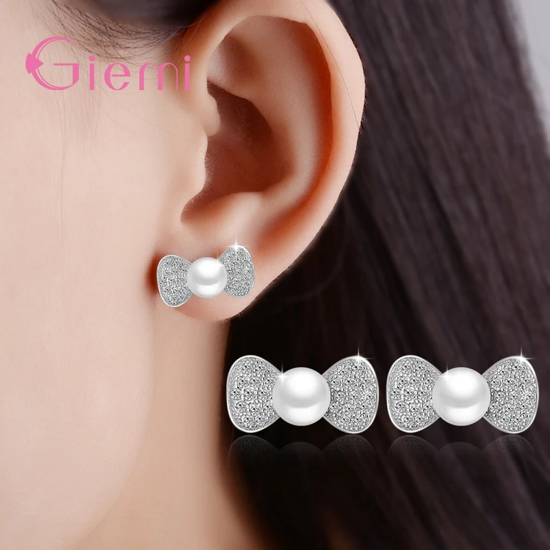 

High Quality Sweet Bowknot Women Stud Earrings Crystal With Natural Pearl 925 Sterling Silver Wedding Accessories