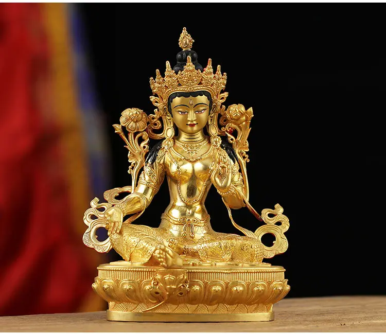 

21CM large -High-grade gold gilding Buddha brass statue HOME family effective protection Tibetan Nepal Green Tara Buddha statue