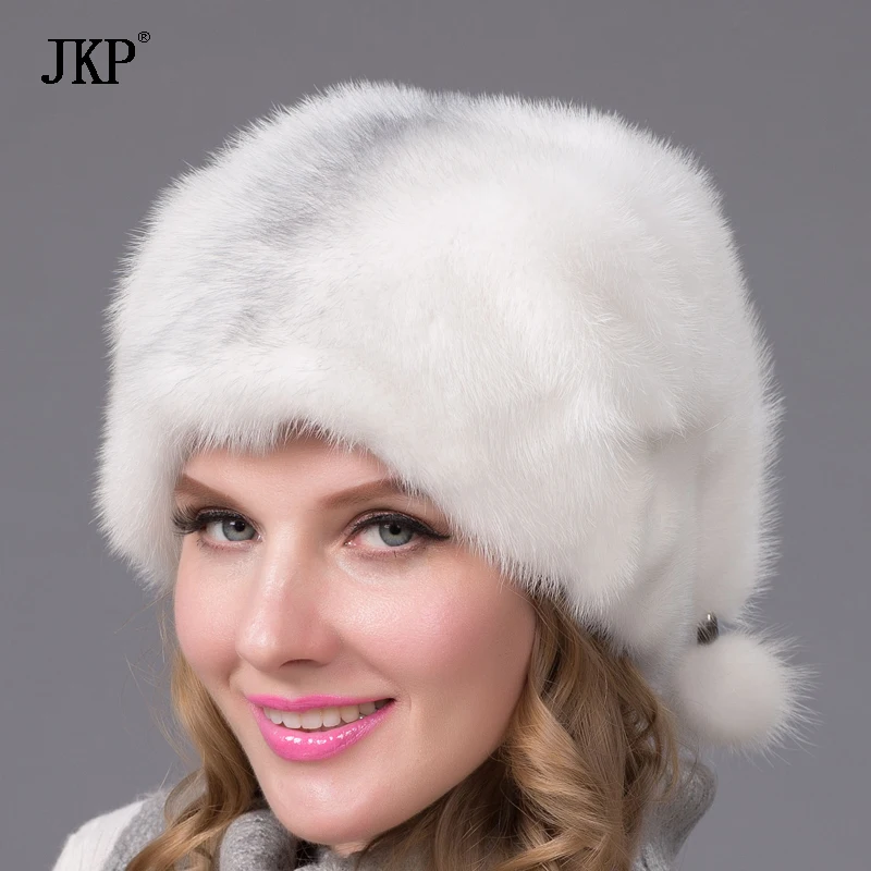 JKP 100% Real Natural Whole Fur Mink Fur Hat Women Winter Warm Ear Protection Fashion Cap