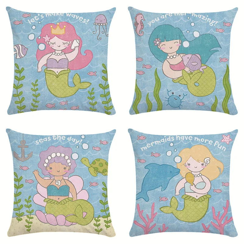 Наволочка для подушки с мультяшным изображением девушки русалки льняная