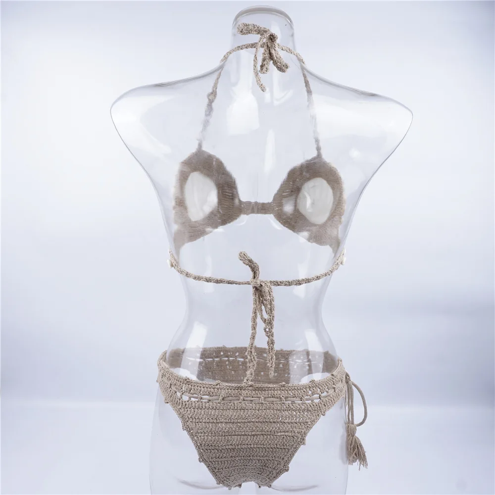 

Shell Crochet 2 Pieces Bikini Set Sexy Women Adjustable Strings Swimsuit Bra Wrapped Chest Bikinis Handmade Knitted Swimwear