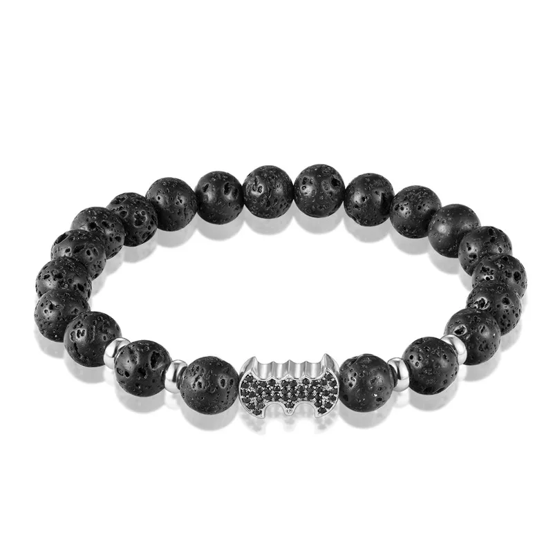 Brand Fashion Natural Beads Strand Bracelet Micro Pave CZ Black Bat Crown 8MM Lava Rock Stone Energy Men Buddha Bracelets homme | Украшения