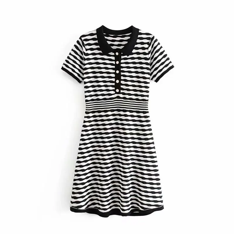 Trytree Summer Women Dress Casual Turn-down Collar Striped Shirt Dresses Elastic Knitting Office Lady A-line Knee-Length | Женская