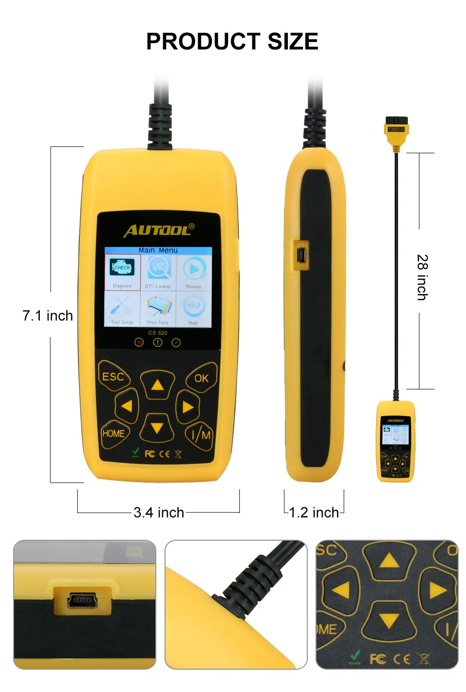 AUTOOL CS520 OBD2 сканер автомобильный OBDII считыватель кодов CANBUS автоматический сканирующий цифровой диагностический инструмент светодиодный дисплей ключ DIY PK AD410