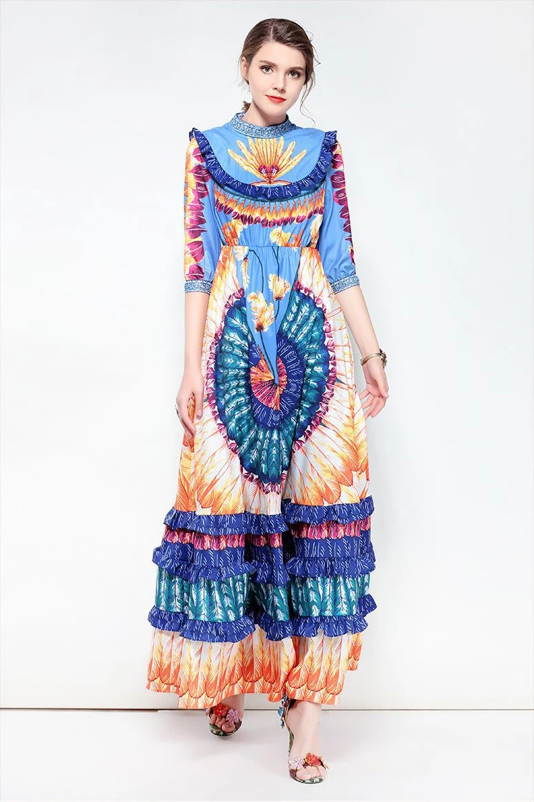 2018 Summer Runway Dresses Short Sleeves Beads Diamonds Print O-collar Ankle-Length Women's Dress Vestidos De Festa D1410 | Женская