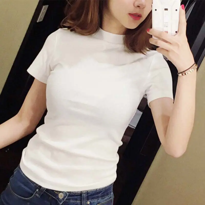 

Women Slim Turtleneck Solid Tops Girl Short Sleeve T-Shirts Tees Female Summer Casual T-shirt