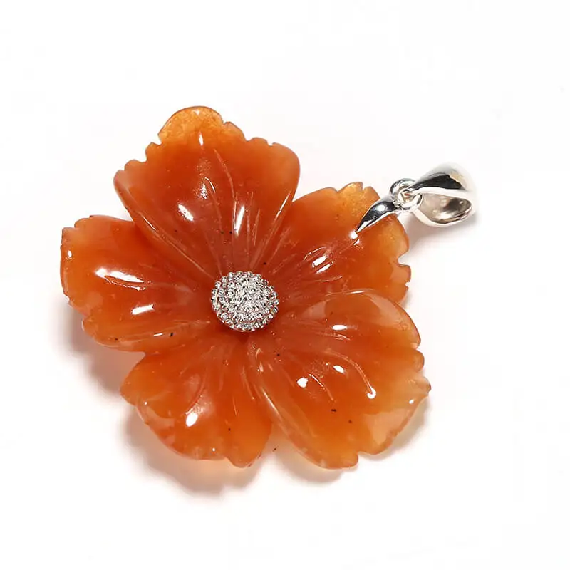 

Natural Gemstone Red Aventurine Handcarved Flower Pendant, 925 Sterling Silver Pinch Bail, 44x36x8mm, 14.5g
