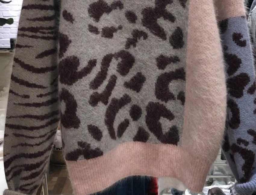 HAMALIEL High Quality Women Pink Patchwork Leopard Knitting Pullover Casual Autumn Winter Thick Mink Cashmere Loose Sweater Tops | Женская
