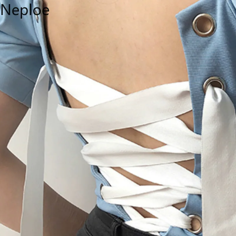 Neploe Palace Style Drawstring Women Shirts New Square Collar Puff Sleeve Blusa Sexy Backless Slim Fit Ladies Tops 45070