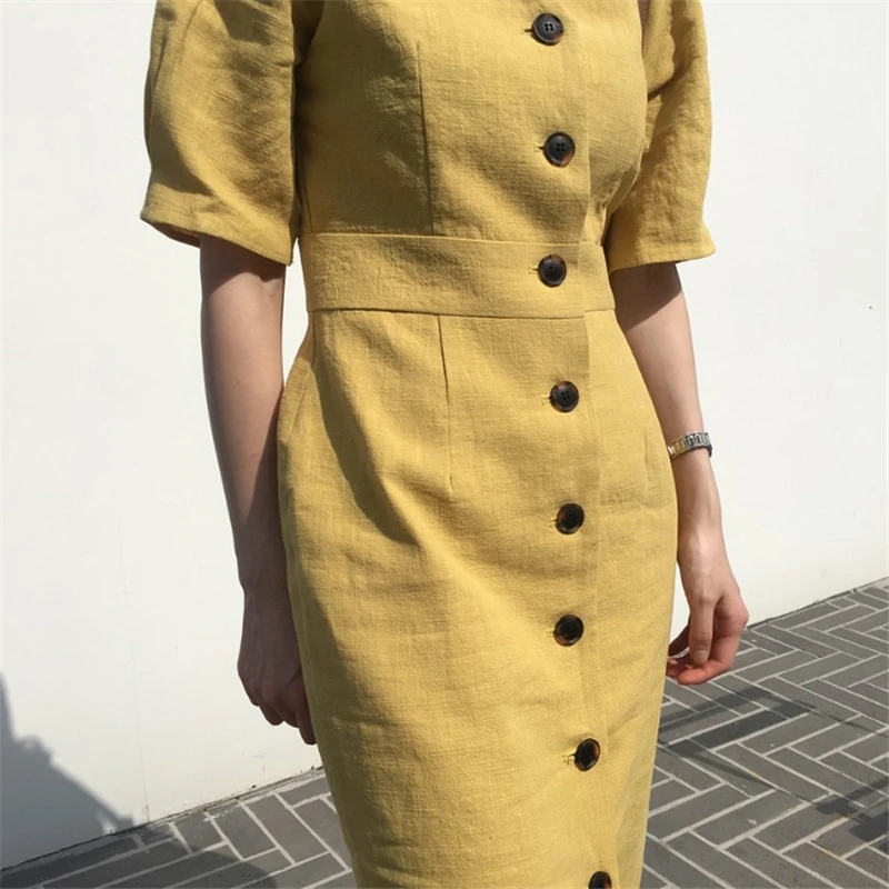 

New Summer Women Dress Yellow Elegant Vintage Single-Breasted Long Dresses Fashion V-neck Chic Solid Short Sleeve Dress YT5086