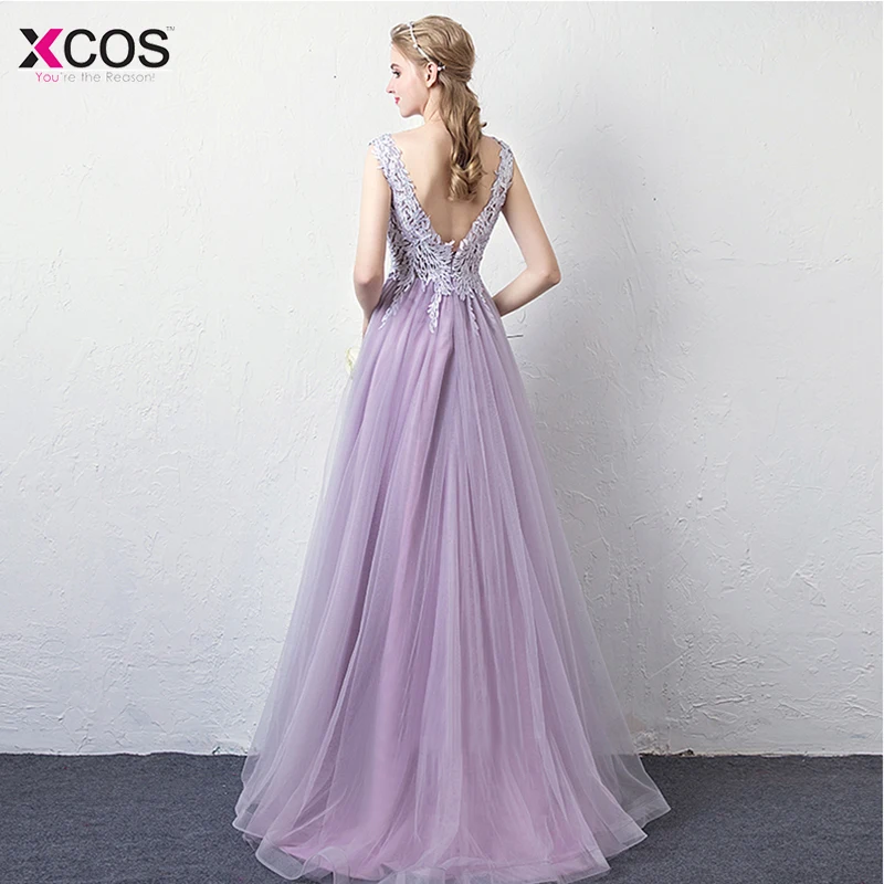 Светло-фиолетовые Выпускные платья Длинные тюлевые орнаменты вечернее платье вечерние платья с открытой спиной торжественные jurken V шеи vestido longo