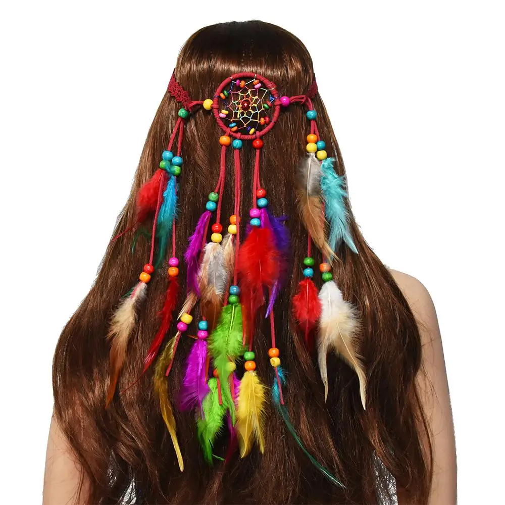 

2020 Bohemia Dream Catcher Headdress Bead Peacock Feather Headband Hair Accessories India African Tribal Hippie Festival jewelry