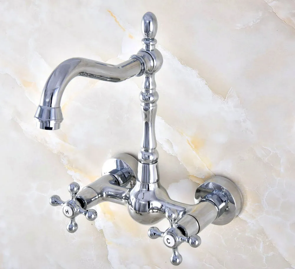 polished chrome brass wall mount bathroom basin kitchen sink faucet swivel spout mixer tap dual cross handles levers anf578 free global shipping