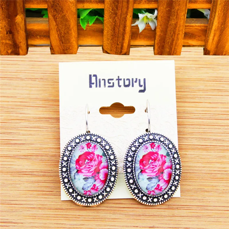 Oval Acrylic Rose Flower Earrings Vintage Pendant For Women Antique Silver Plated Fashion Jewelry TE445 |