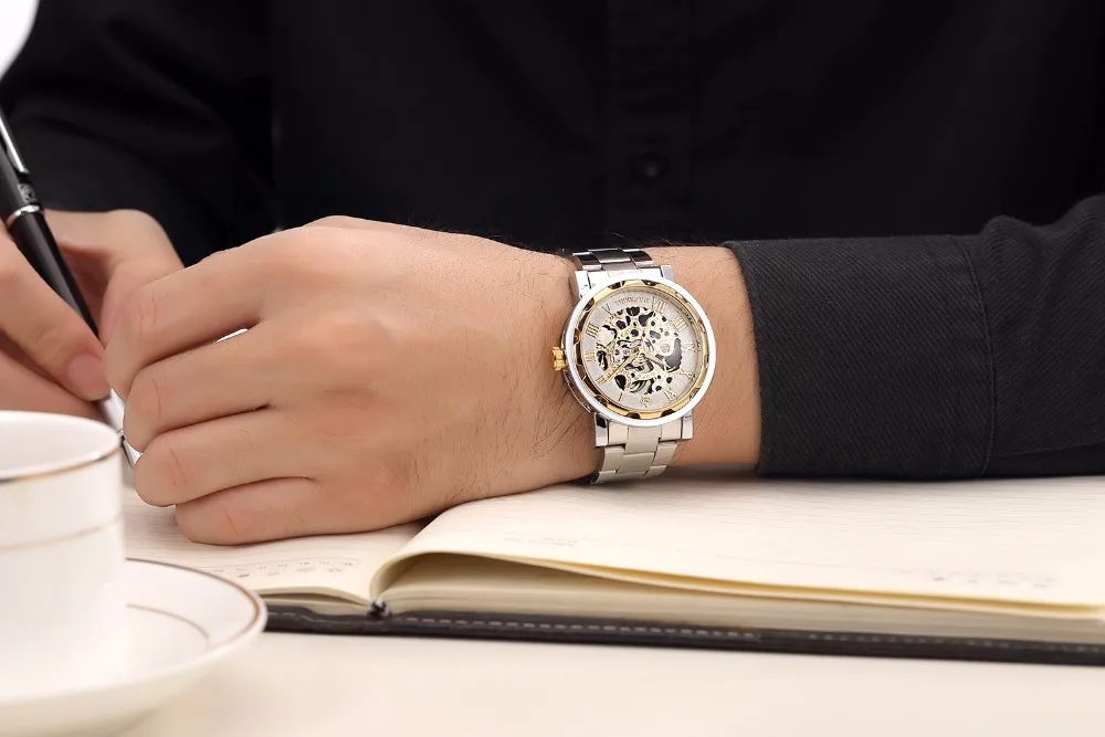 

Tike Toker,Golden Watches Men Skeleton Mechanical Watch Stainless Steel Strap Top Brand Luxury Man Wristwatch Montre Homme 8