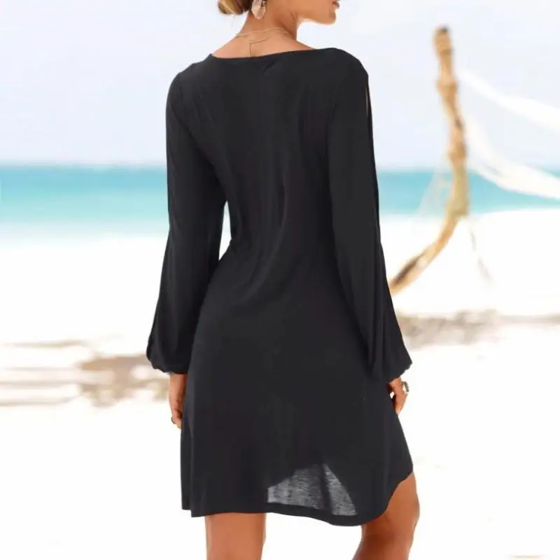 Женское повседневное прямое платье однотонное пляжное мини-платье с круглым