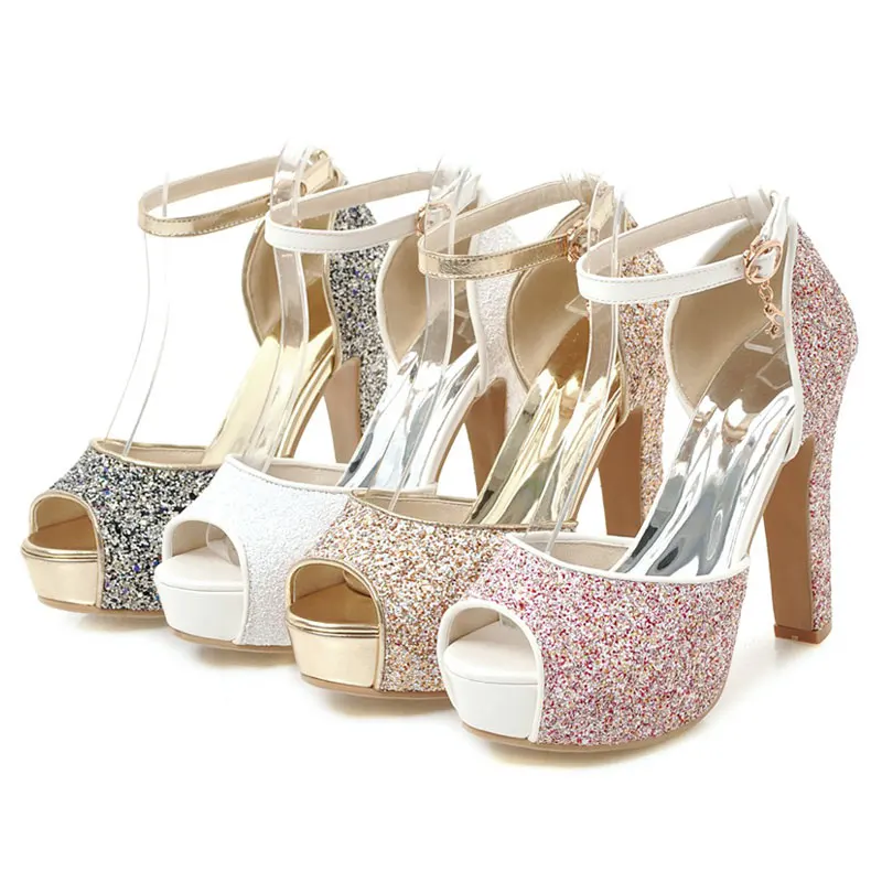 

Fanyuan Italian Summer Sandals women Ankle strap shoes sexy Peep toe high Chunky heels lady Party wear Glitter Platform sandals