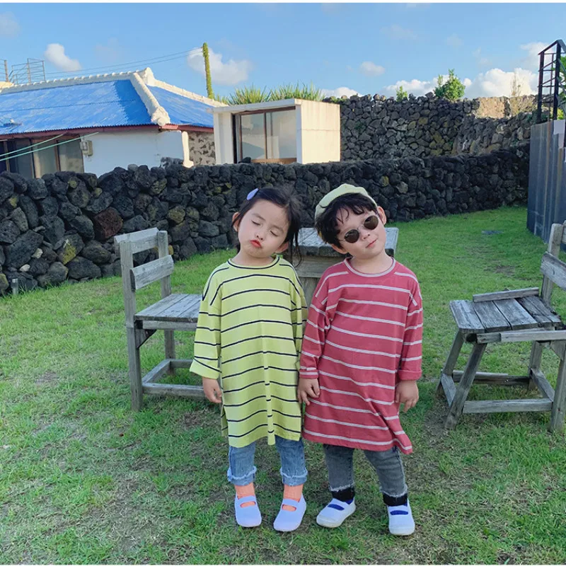 Весенне-осенние длинные полосатые футболки в Корейском стиле для маленьких