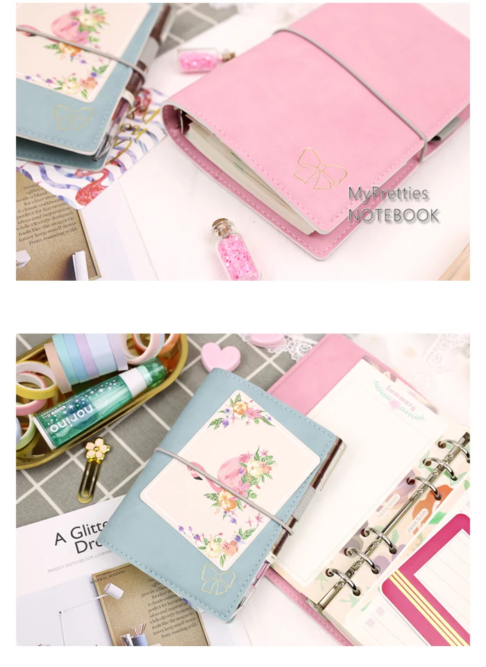 MyPretties Луки 6 связующего отверстия Организатор a7 a6 Тетрадь DIY эластичный планировщик повестки дня Дневник Журналы кожа-выглядеть Обложка