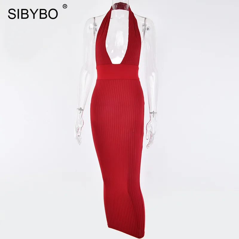 Wine Red Sibybo летнее женское платье с глубоким v-образным вырезом, без рукавов, с открытой спиной, сексуальное облегающее платье, пляжная одежда, Клубные вечерние женские платья - Цвет: Wine Red