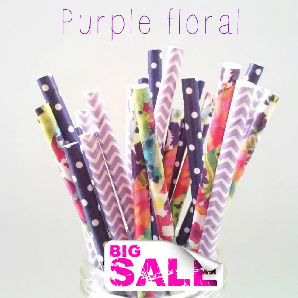 

150 Pcs Mix Colors PURPLE FLORAL Party Paper Straws,Lilac Chevron,Navy Swiss Dot,Colorful Watercolor Flower,Wedding,Vintage,Bulk