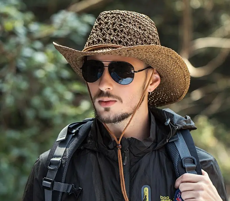 Outdoor Cowboy Hat Men's Summer Hand-made Cowboy Straw Cap Male Casual Fishing Climbing Sun Protection Breathable Hats H7260