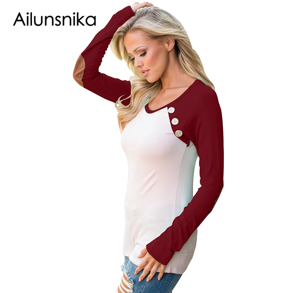 Ailunsnika New Arrival Fashion Women Casual Tops Feminine Blouses Ladies Raglan Long Sleeve Elbow Patch and Buttons Top DL250459 |
