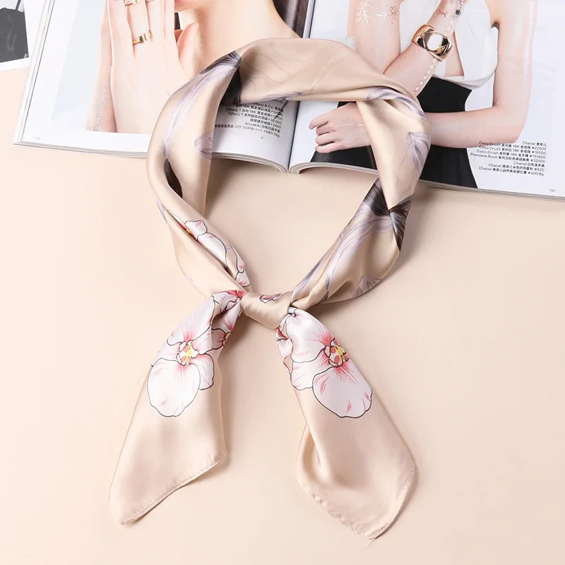 

Yishine 70*70 CM Magnolia Flowers Printed Women Shawl Satin Small Squares Head Bag Decorative Scarves Silk Scarf