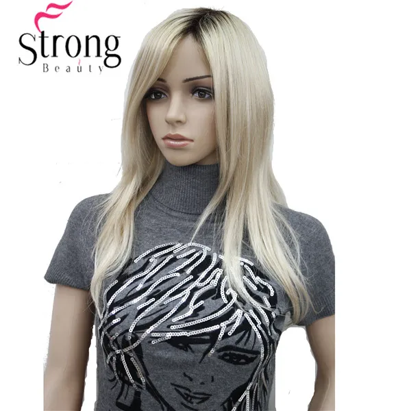 Длинный прямой блонд с темными корнями синтетический парик|wig wig|side bang wigwig synthetic |