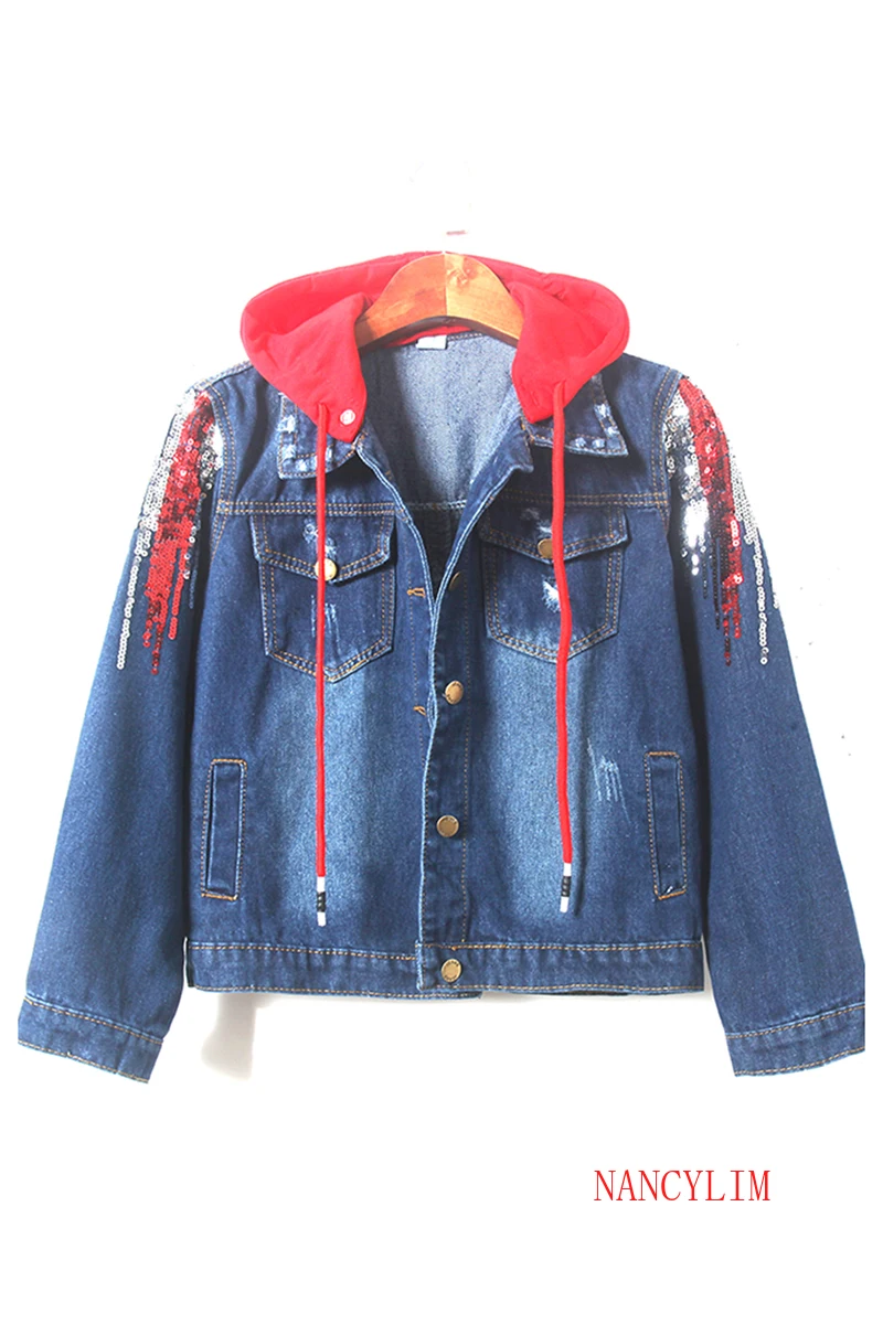 

Hat Sequined Denim Jacket Women 2019 Spring Autumn New Joker Slim Jeans Jackets Female Removable Hooded Jean Coat Outwear Femme