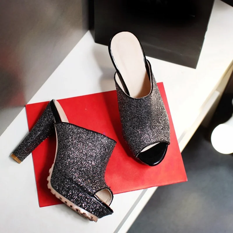 ?? 奪う猫ウォメスリッパ Platfrom ハイヒールスライドミュール結婚式のピープトウシルバーブラックブリンブリンブライダル靴ナイトクラブ A1172