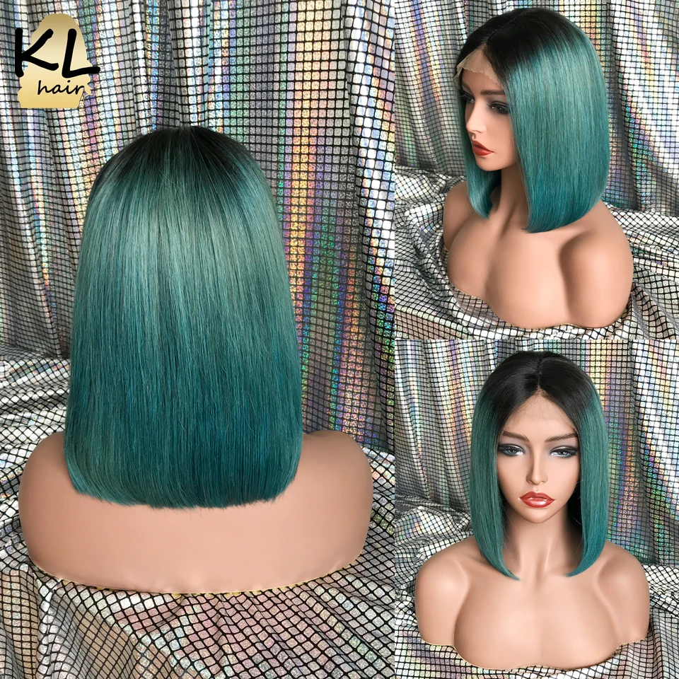 KL Ombre Color Bob Wigs Green Lace Front Human Hair Straight Brazilian Remy Short Pre Plucked With Baby | Шиньоны и парики