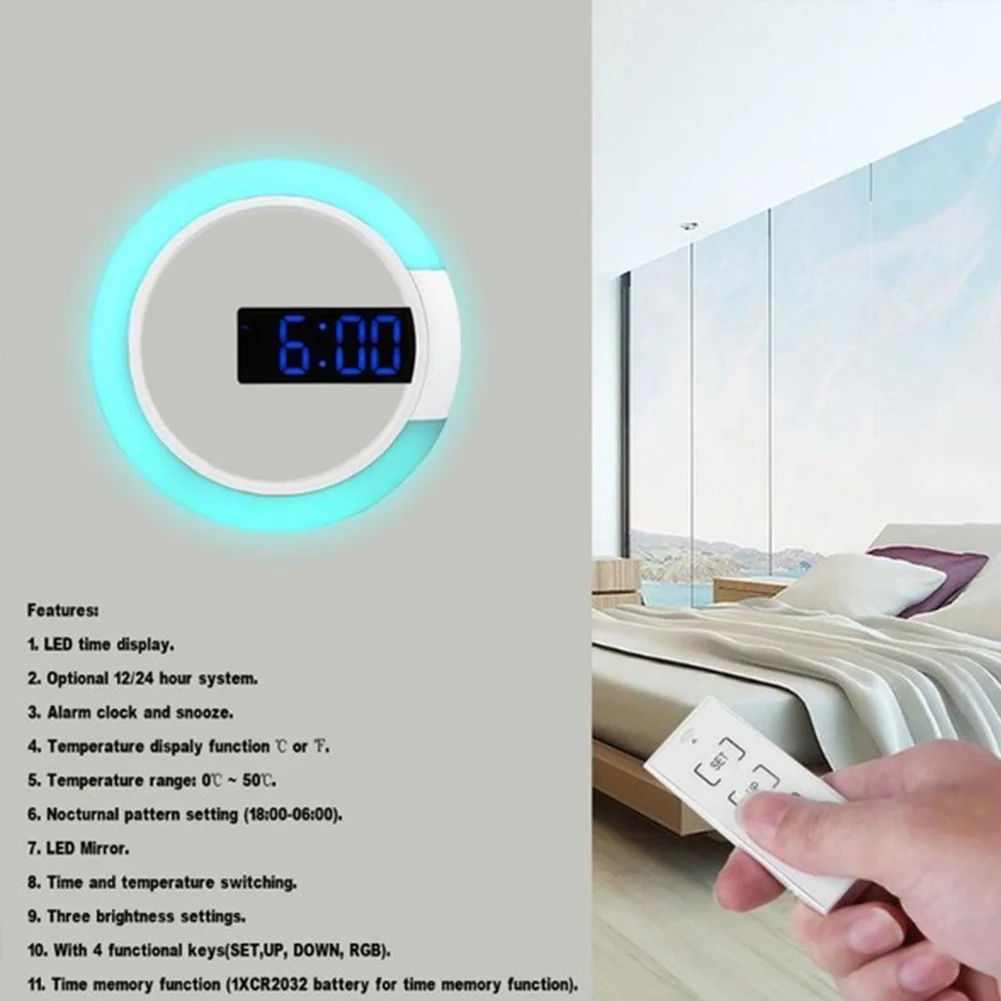 Alarm Hollow LED Display Mirror Mini Temperature Ring Shaped Simple Digital Time Memory Wall Clock | Дом и сад
