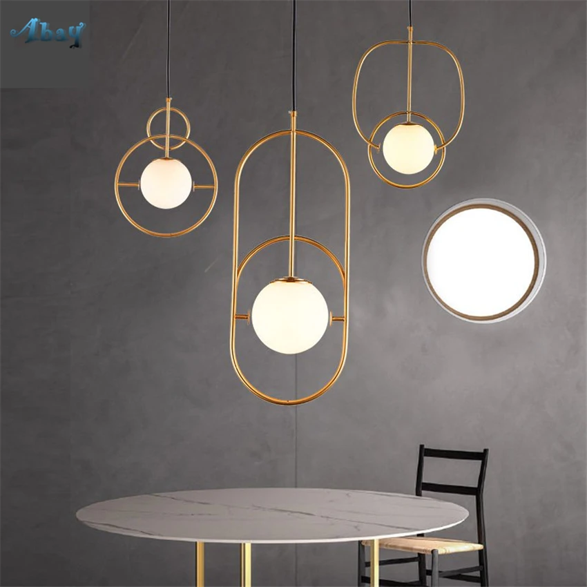 

Modern Luxury Iron Circle Pendant Lights Bedroom Living Room Dining Bar Front Art Deco Loop Glass Ball Hanging Lamps Fixtures