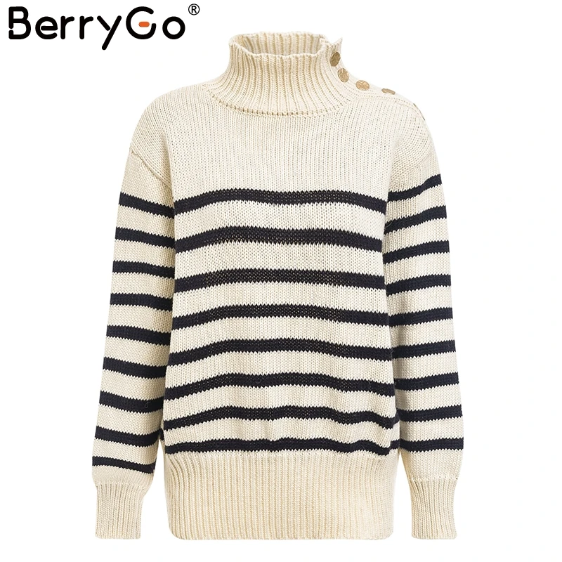 BerryGo Turtleneck stripe side button christmas sweater women 2018 autumn jumper winter sweaters female Casual pull streetewear | Женская