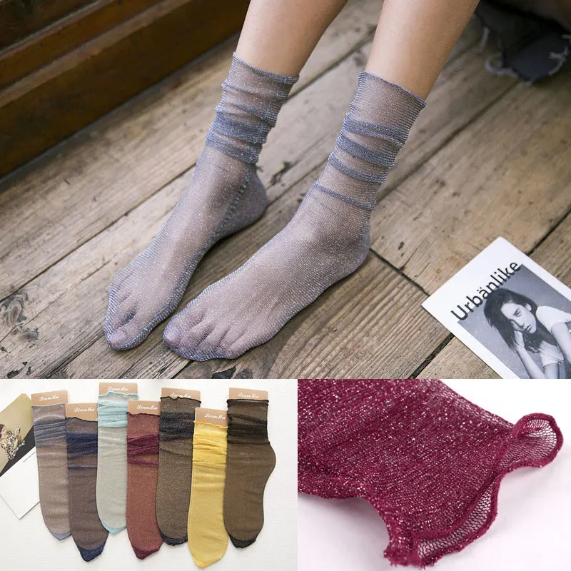 Короткие шелковые чулки calcetines женские модные прозрачные сетчатые с серебристым