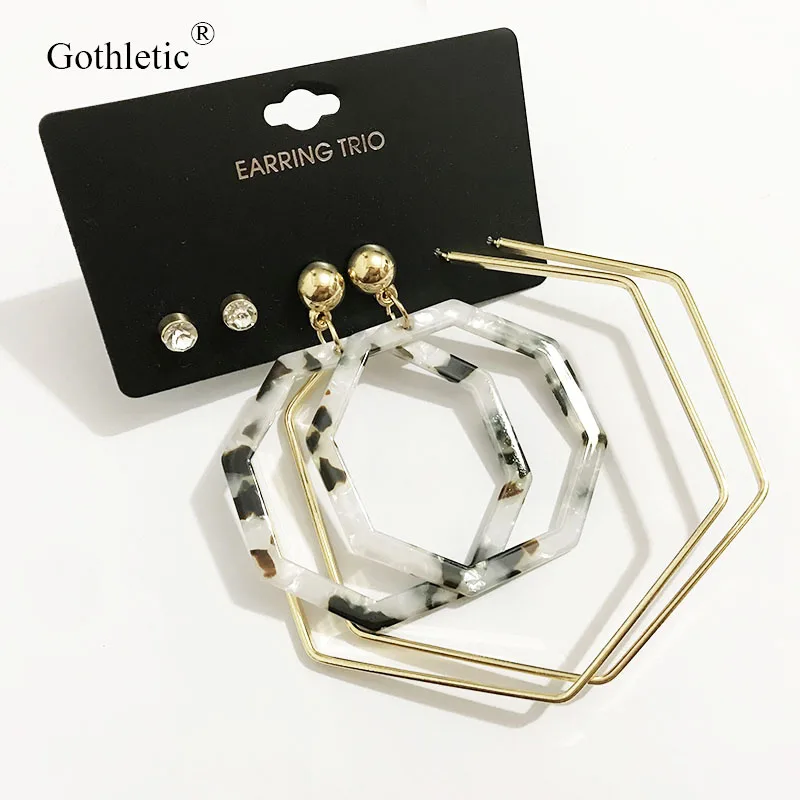 Gothletic 3 пары/набор шестигранный металлический резиновый Обруч Набор серег модные