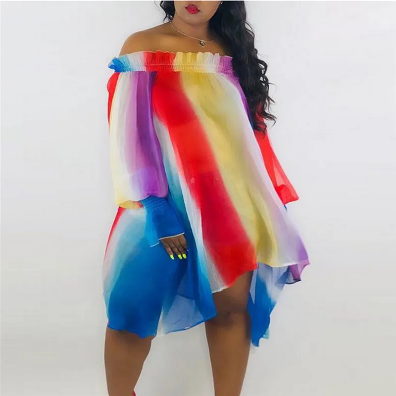 Женское мини платье Boho Womem в радужную полоску с длинным рукавом фонариком