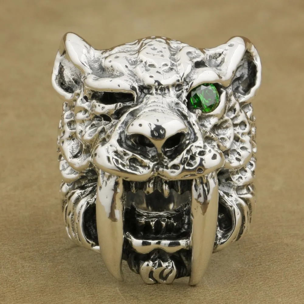 Грим глаз с фианитами перстень саблезубый тигр 925 пробы Серебряный Мужской