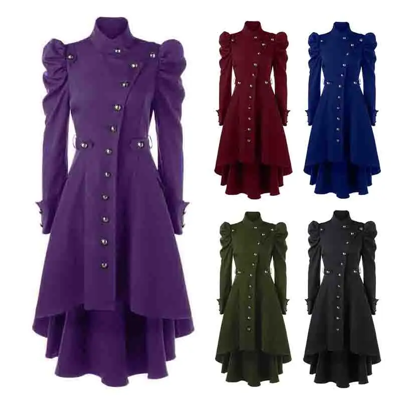 

Plus Size Gothic Long Coat Palace Style Thin Puff Sleeve Vintage Retro Steampunk Victorian Swallow Tail Trench Coat Outerwear