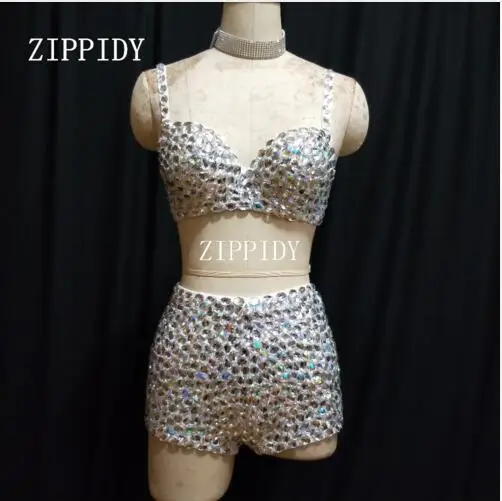 Sparkly Crystals Bikini Fashion Design Stones Bra Short Costume Performance Show Female Singer Show clothing Set