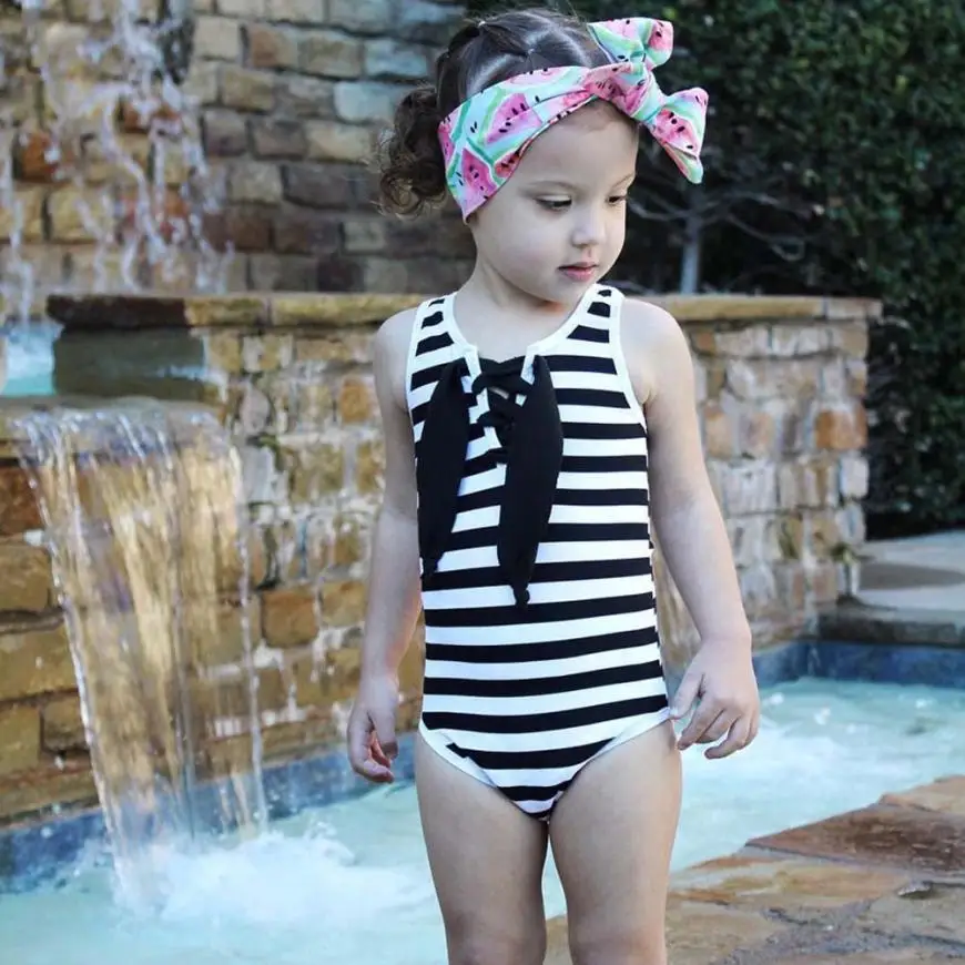Черный + белый полоса Монокини Бикини для девочек плавание носить бандаж галстук