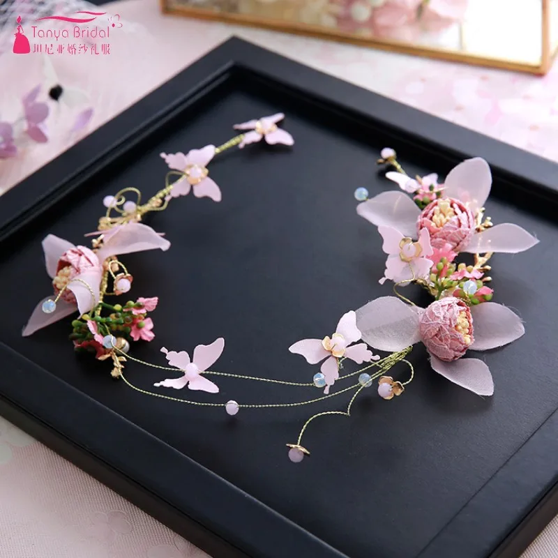 Винтажный свадебный головной убор в богемном стиле белые/розовые цветы с