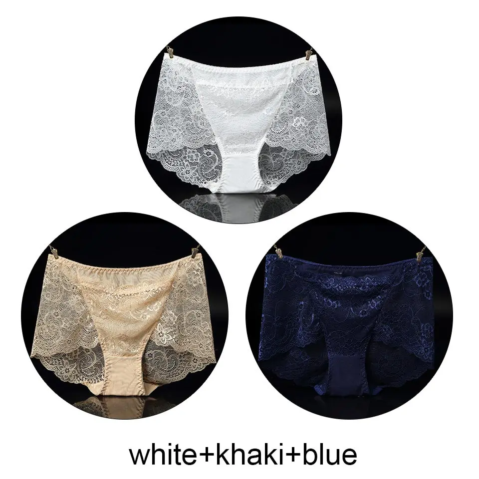 white khaki blue 3 шт., нижнее белье, женские сексуальные кружевные трусики, бесшовные трусики с высокой талией, прозрачные трусики, женское нижнее белье, трусы большого размера, новинка - Цвет: white khaki blue