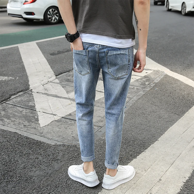 Новые модные джинсы мужские облегающие хлопковые брюки-карандаш с отверстиями
