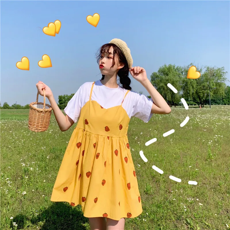 Новые летние милые платья в японском стиле для женщин, Kawaii, клубничный принт, короткий рукав, поддельные два предмета, платье для девочек, милое платьице