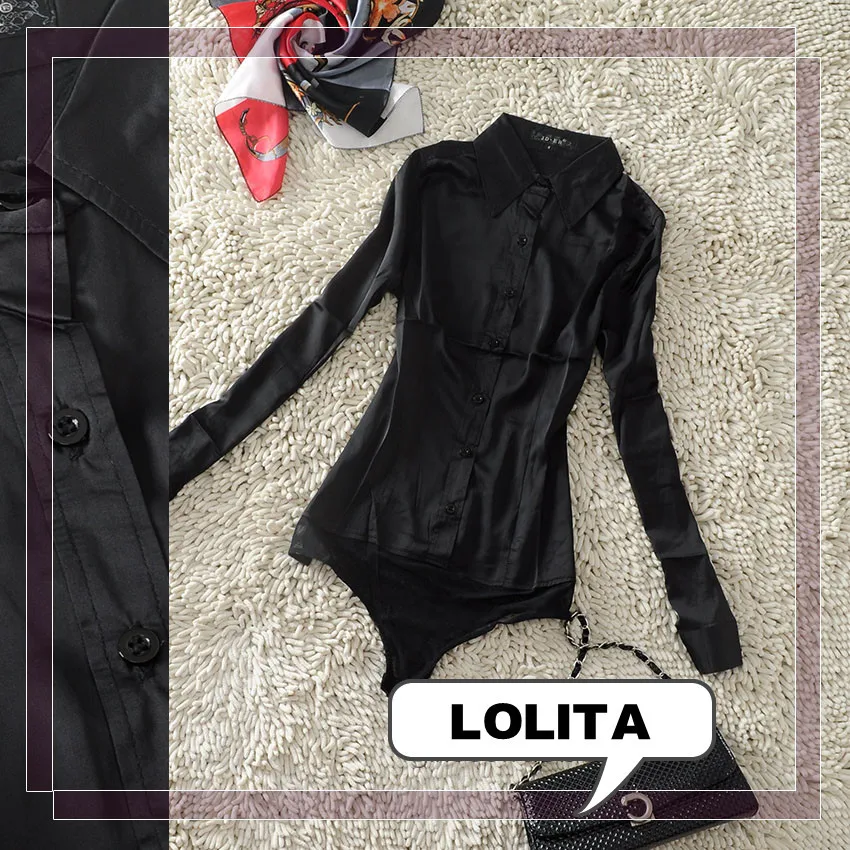Women fashion simple slim long-sleeve blouse conjoined shirt with smooth wrinkle-free satin free shipping |