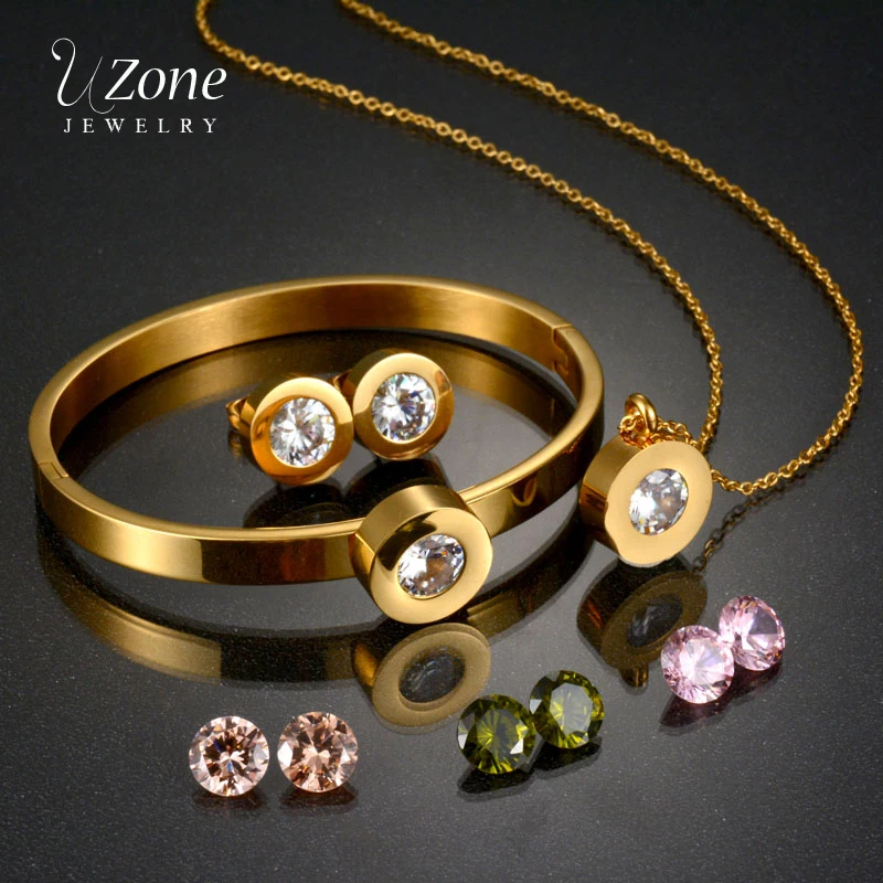 Ювелирные изделия из нержавеющей стали с фианитами 4 цвета|stainless steel jewelry set|zircon