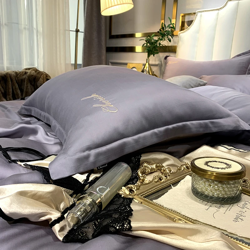 Белый фиолетовый розовый серый роскошный удобный 100S Tencel Шелковый набор постельного белья с вышивкой пододеяльник кровать застежки для простыни льняной чехол для подушки
