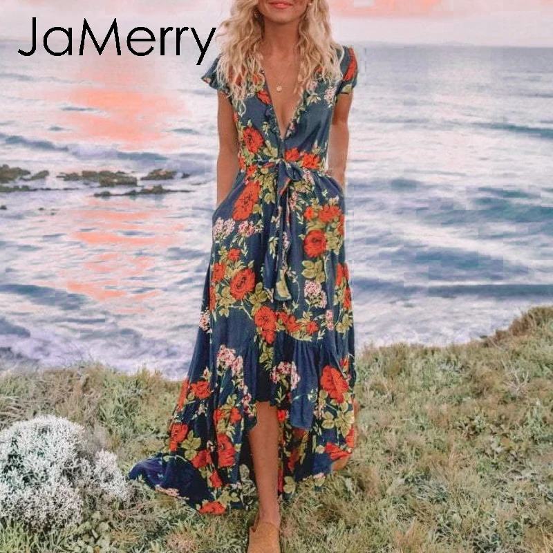 JaMerry, винтажное богемное сексуальное женское асимметричное платье, короткий рукав, цветочный принт, длинное платье размера плюс, летнее макси, праздничное платье